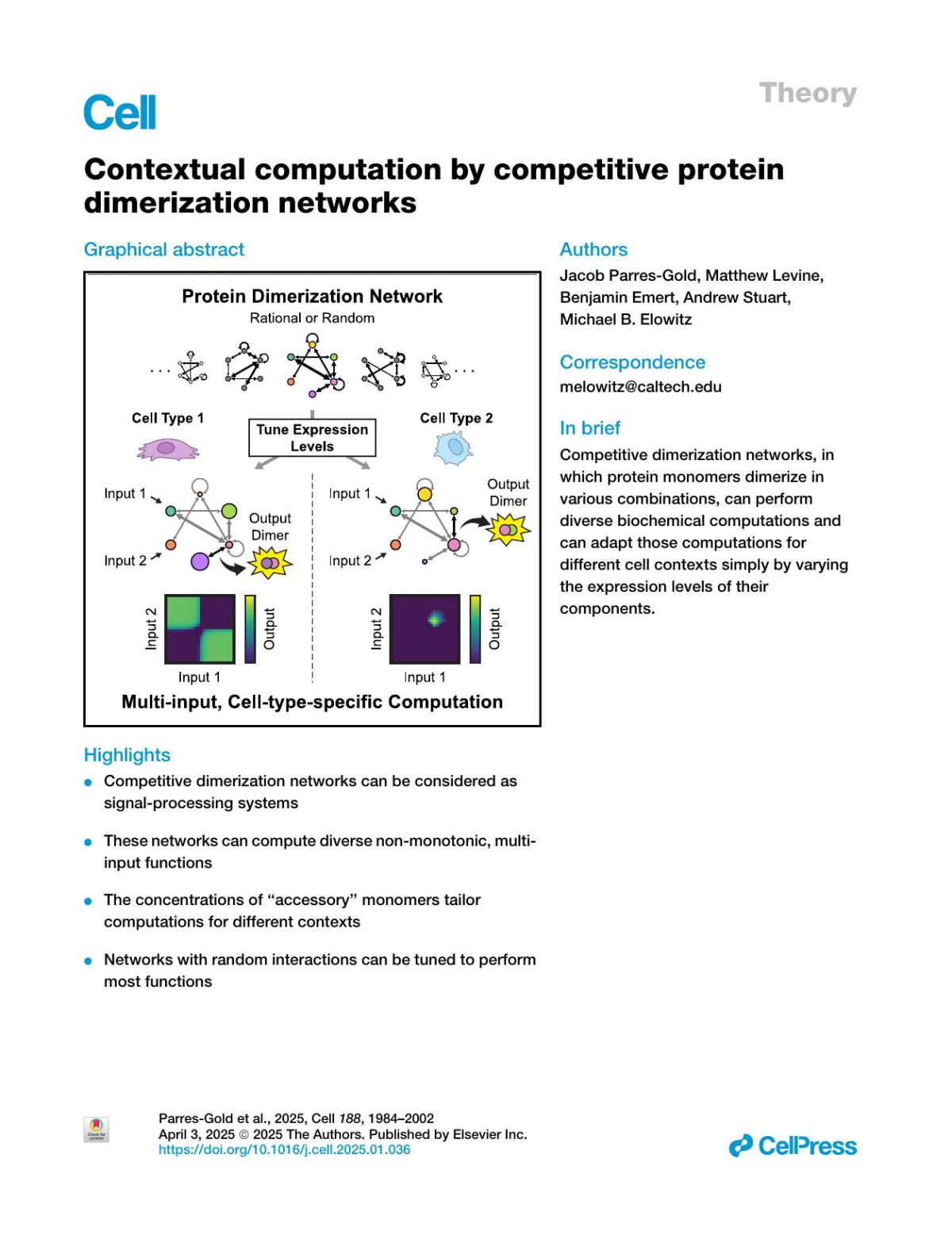 Contextual Computation By Competitive Protein Dimerization Networks Jacob Parresgold Matthew Levine Benjamin Emert Andrew Stuart Michael B Elowitz