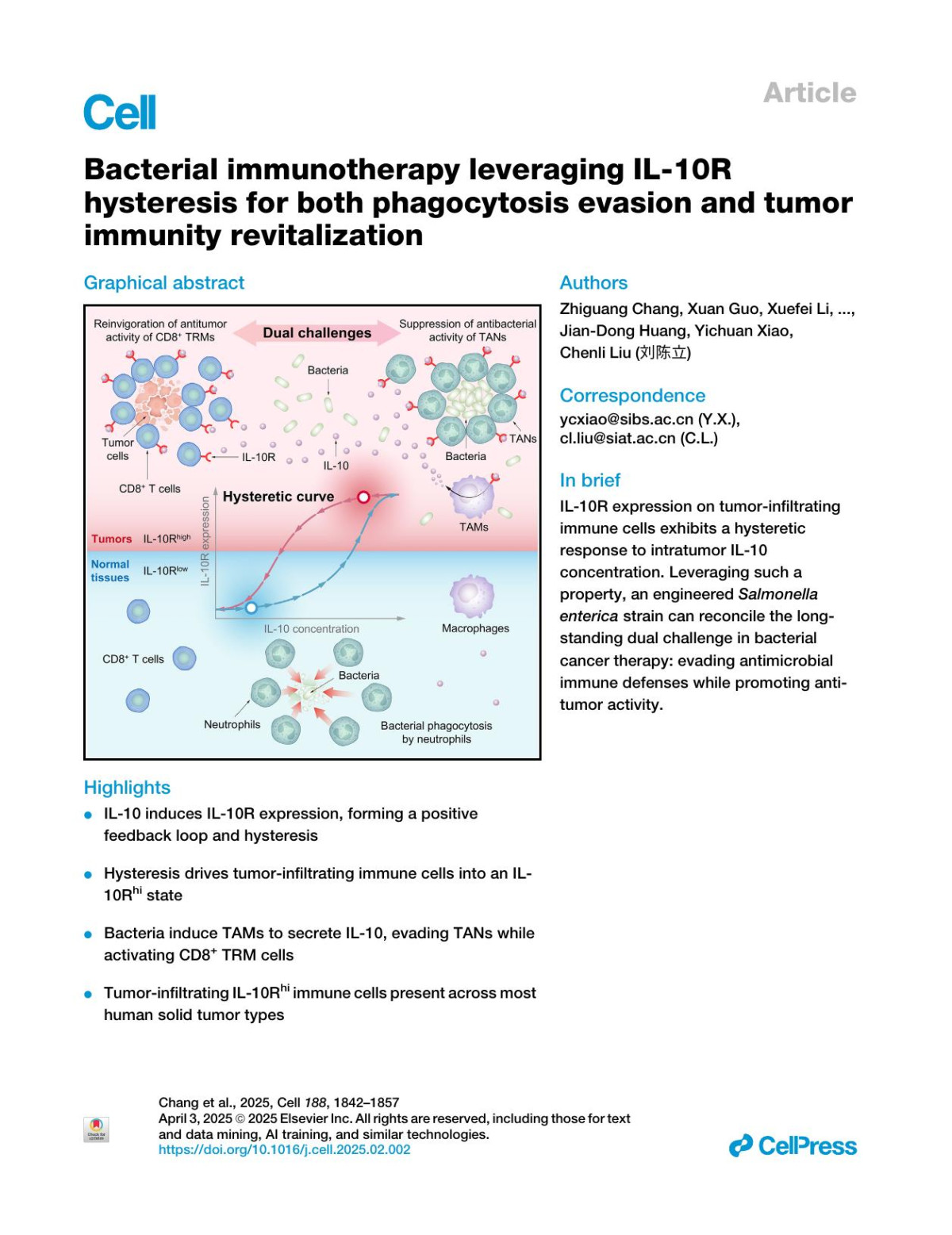 Bacterial Immunotherapy Leveraging Il10r Hysteresis For Both Phagocytosis Evasion And Tumor Immunity Revitalization Zhiguang Chang Xuan Guo Xuefei Li Yan Wang Zhongsheng Zang Siyu Pei Weiqi Lu Yang Li Jiandong Huang Yichuan Xiao Chenli Liu 刘陈立