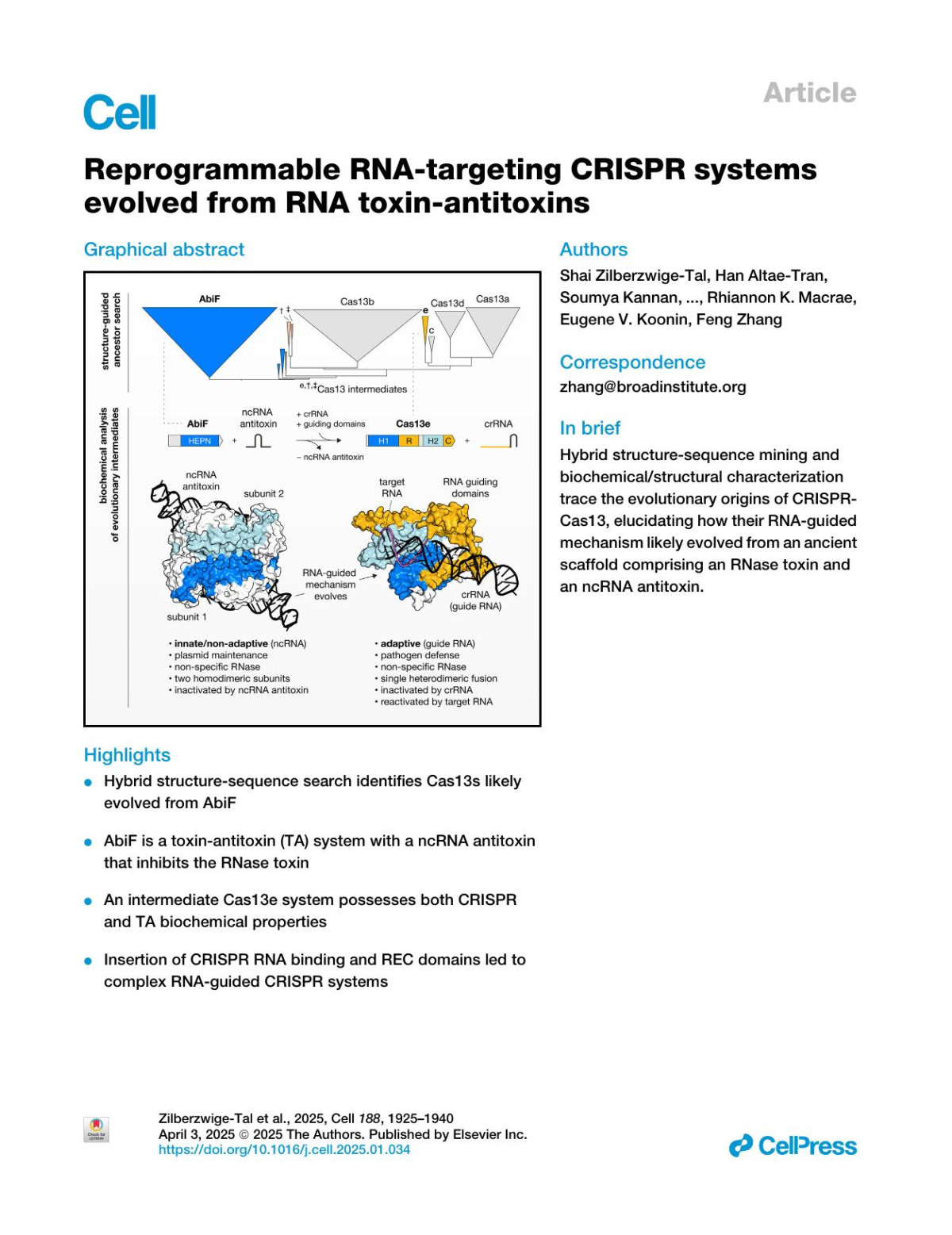 Reprogrammable Rnatargeting Crispr Systems Evolved From Rna Toxinantitoxins Shai Zilberzwigetal Han Altaetran Soumya Kannan Max E Wilkinson Samuel Chauduytam Vo Daniel Strebinger Kehuan K Edmonds Chunchen Jerry Yao Kepler S Mears Sergey A Shmakov Kira S Makarova Rhiannon K Macrae Eugene V