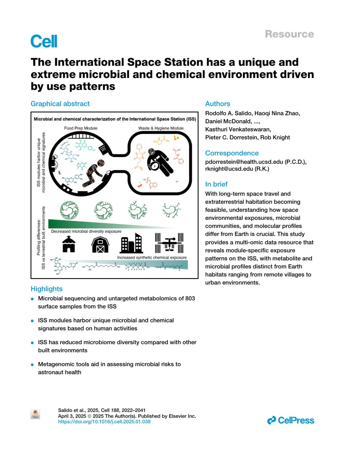The International Space Station Has A Unique And Extreme Microbial And Chemical Environment Driven By Use Patterns Rodolfo A Salido Haoqi Nina Zhao Daniel Mcdonald Helena Mannochiorusso Simone Zuffa Renee E Oles Allegra T Aron Yasin El Abiead Sawyer Farmer Antonio González Cameron Martino Ipsita Mohanty Ceth W Parker Lucas Patel