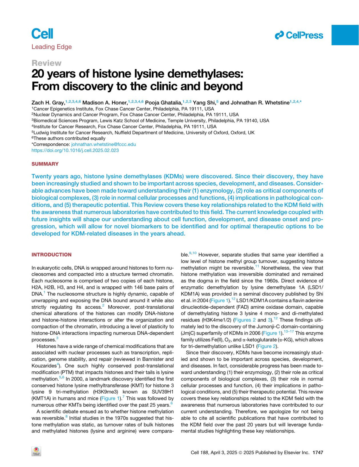 20 Years Of Histone Lysine Demethylases From Discovery To The Clinic And Beyond Zach H Gray Madison A Honer Pooja Ghatalia Yang Shi Johnathan R Whetstine