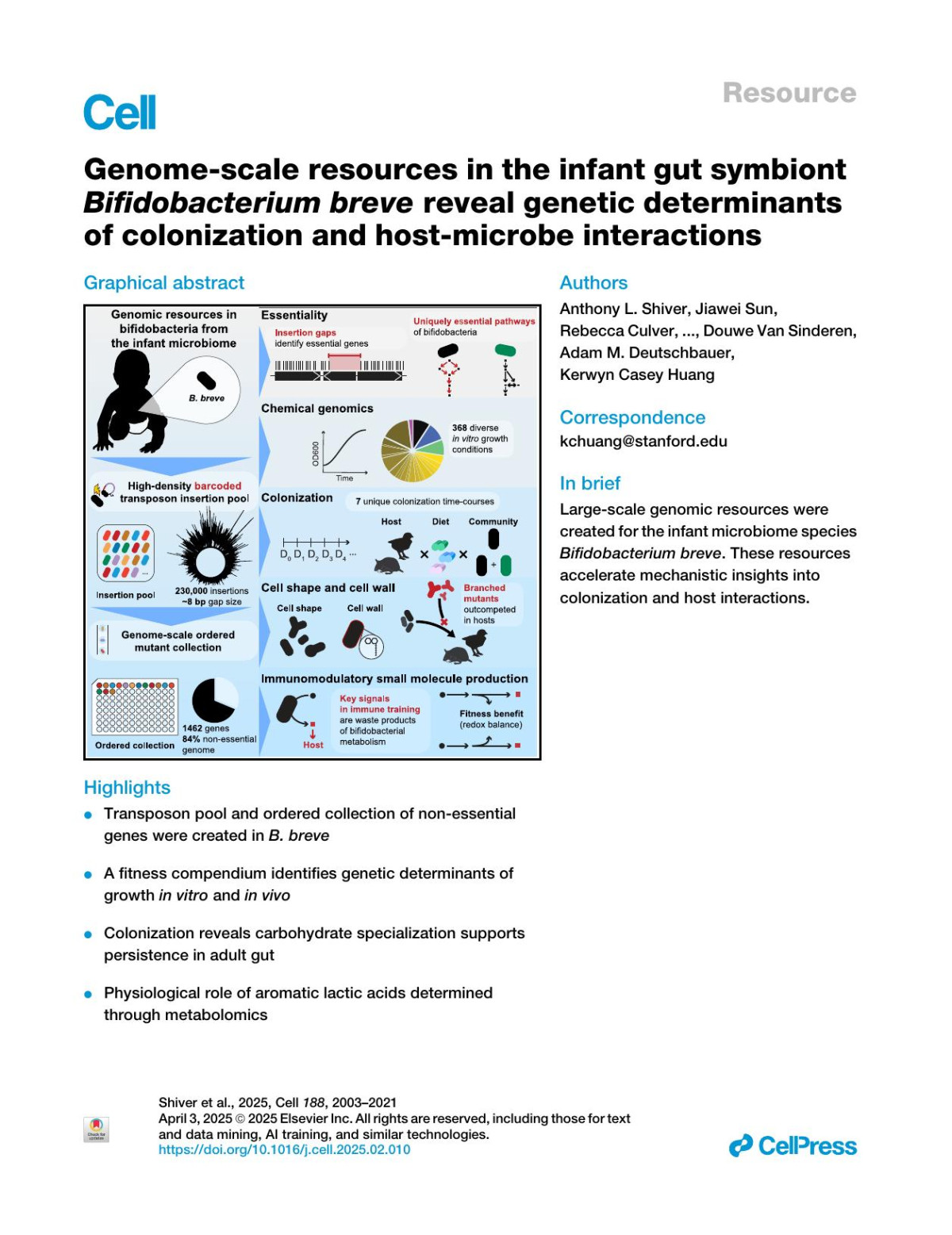 Genomescale Resources In The Infant Gut Symbiont Bifidobacterium Breve Reveal Genetic Determinants Of Colonization And Hostmicrobe Interactions Anthony L Shiver Jiawei Sun Rebecca Culver Arvie Violette Char Wynter Marta Nieckarz Samara Paula Mattiello Prabhjot Kaur Sekhon Francesca Bottacini Lisa Friess Hans K Carlson Daniel Pgh Wong Steven Higginbottom Meredith