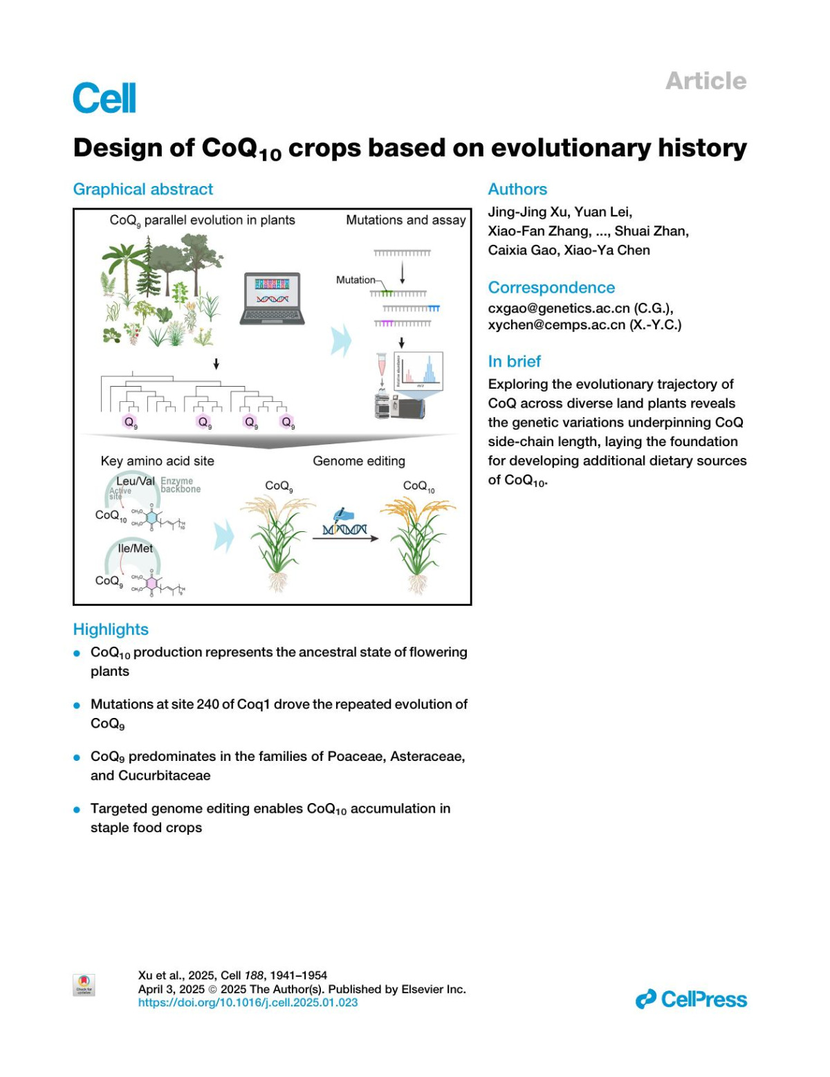 Design Of Coq10 Crops Based On Evolutionary History Jingjing Xu Yuan Lei Xiaofan Zhang Jianxu Li Qiupeng Lin Xiangdong Wu Yuguo Jiang Wenyi Zhang Runtong Qian Shuyi Xiong Kuo Tan Yu Jia Qiang Zhou Yan Jiang Hang Fan Yanbo Huang Lingjian Wang Jiyun Liu Yu Kong