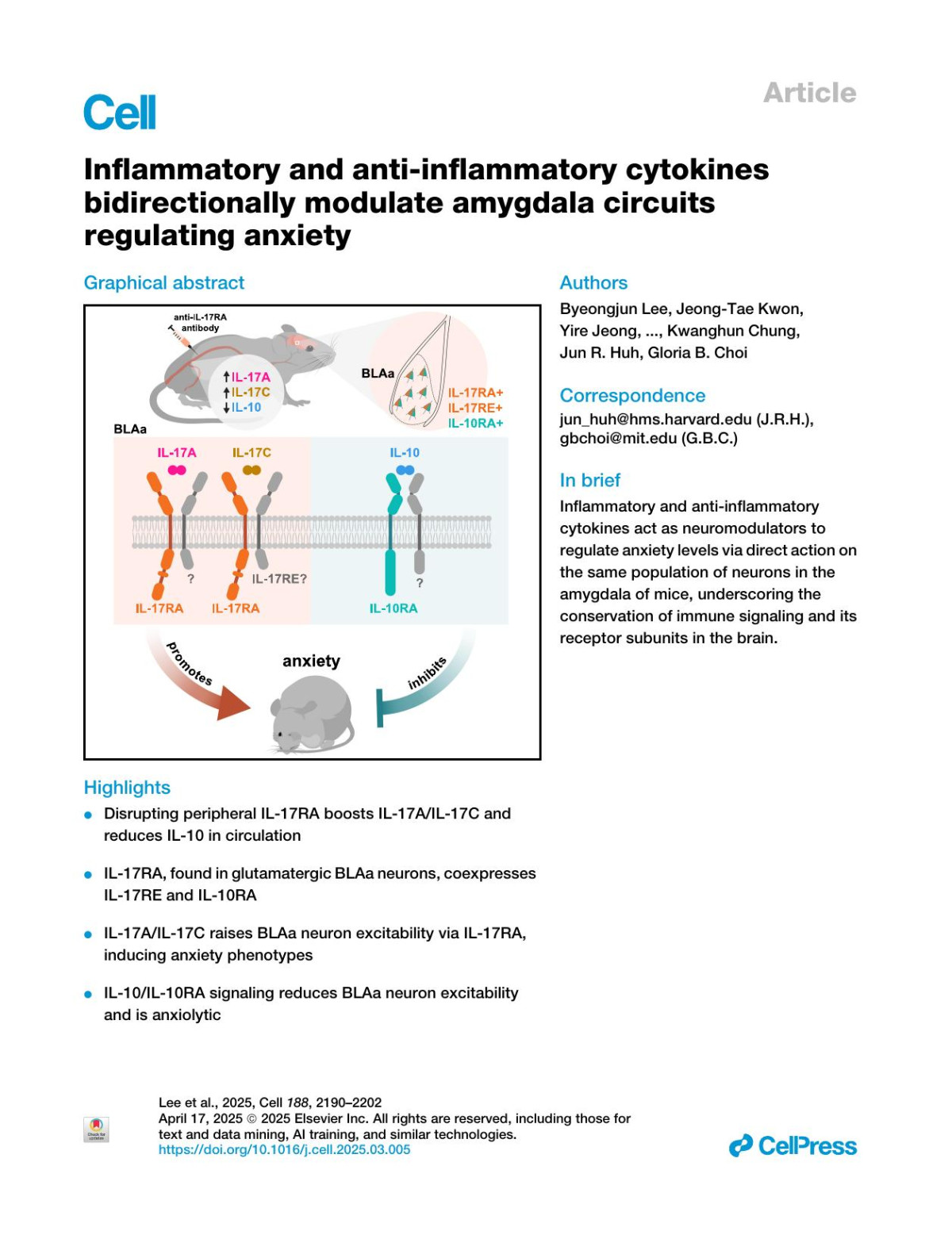 Inflammatory And Antiinflammatory Cytokines Bidirectionally Modulate Amygdala Circuits Regulating Anxiety Byeongjun Lee Jeongtae Kwon Yire Jeong Hannah Caris Dongsun Oh Mengyang Feng Irene Davila Mejia Xiaoying Zhang Tomoe Ishikawa Brianna R Watson Jeffrey R Moffitt Kwanghun Chung Jun R Huh Gloria B Choi
