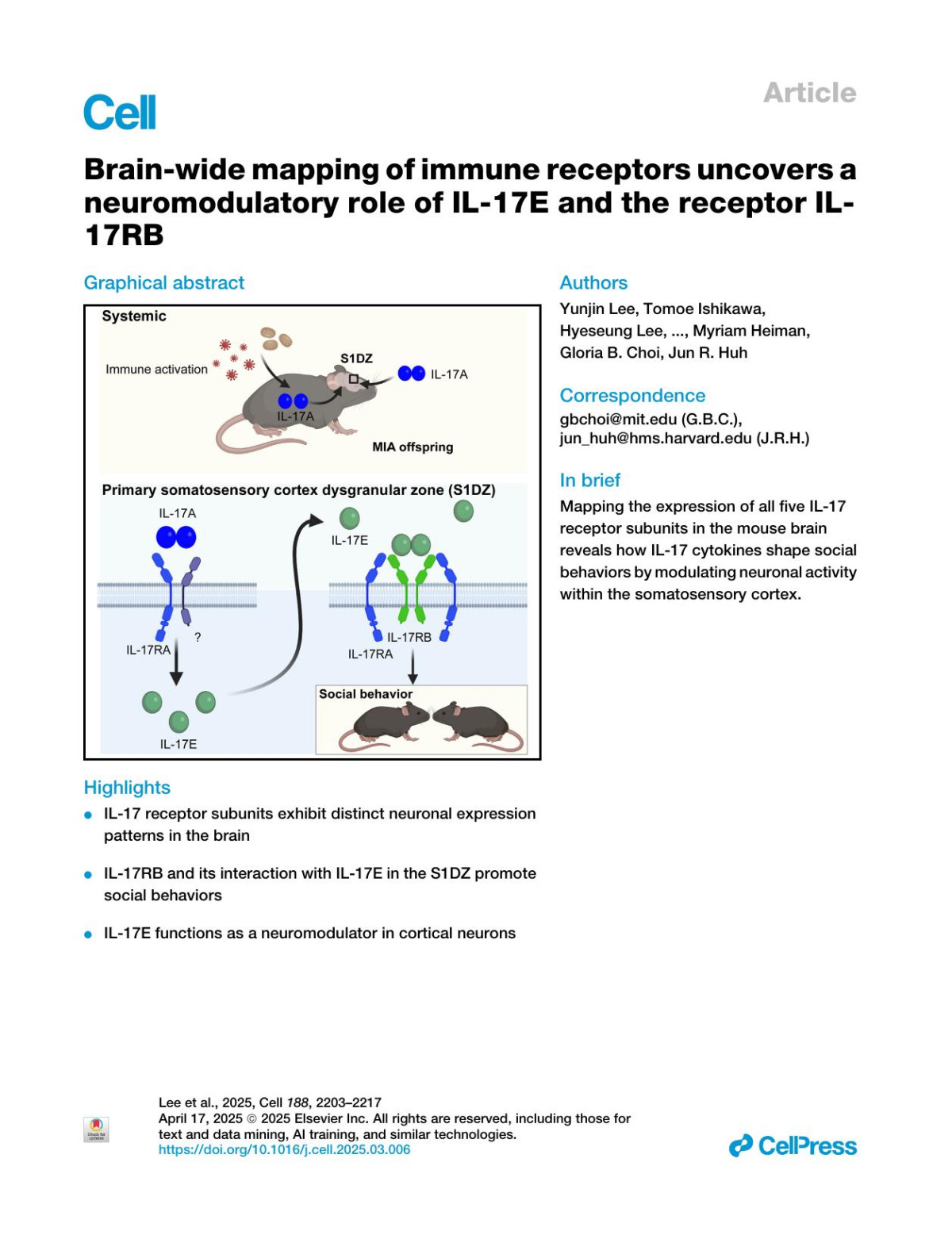 Brainwide Mapping Of Immune Receptors Uncovers A Neuromodulatory Role Of Il17e And The Receptor Il17rb Yunjin Lee Tomoe Ishikawa Hyeseung Lee Byeongjun Lee Changhyeon Ryu Irene Davila Mejia Minjin Kim Guangqing Lu Yujin Hong Mengyang Feng Hyeyoon Shin Sylvain Meloche Richard M Locksley Ekaterina Koltsova Sergei I