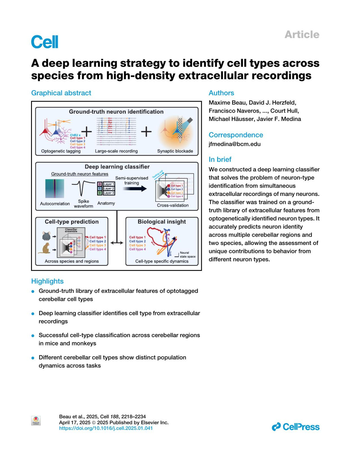 A Deep Learning Strategy To Identify Cell Types Across Species From Highdensity Extracellular Recordings Maxime Beau David J Herzfeld Francisco Naveros Marie E Hemelt Federico Dagostino Marlies Oostland Alvaro Sánchezlópez Young Yoon Chung Michael Maibach Stephen Kyranakis Hannah N Stabb M Gabriela Martínez Lopera Agoston