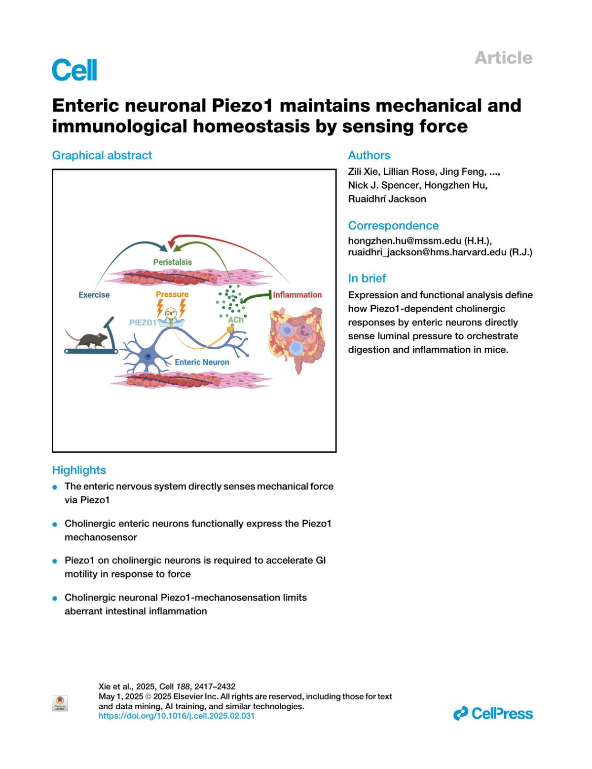 Enteric Neuronal Piezo1 Maintains Mechanical And Immunological Homeostasis By Sensing Force Zili Xie Lillian Rose Jing Feng Yonghui Zhao Yisi Lu Harry Kane Timothy J Hibberd Xueming Hu Zhen Wang Kaikai Zang Xingliang Yang Quentin Richardson Rahmeh Othman Olivia Venezia Ademi Zhakyp Fang Gao Nobuya Abe Keren