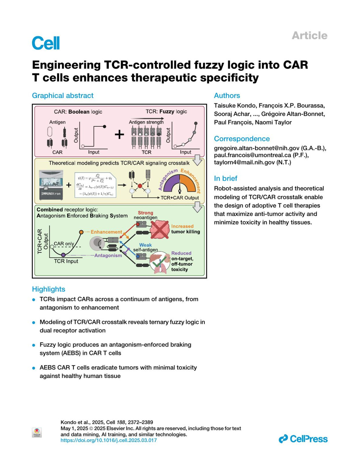 Engineering Tcrcontrolled Fuzzy Logic Into Car Tnbspcells Enhances Therapeutic Specificity Taisuke Kondo François Xp Bourassa Sooraj Achar Justyn Dusold Pablo F Céspedes Makoto Ando Alka Dwivedi Josquin Moraly Christopher Chien Saliha Majdoul Adam L Kenet Madison Wahlsten Audun Kvalvaag Edward Jenkins Sanghyun