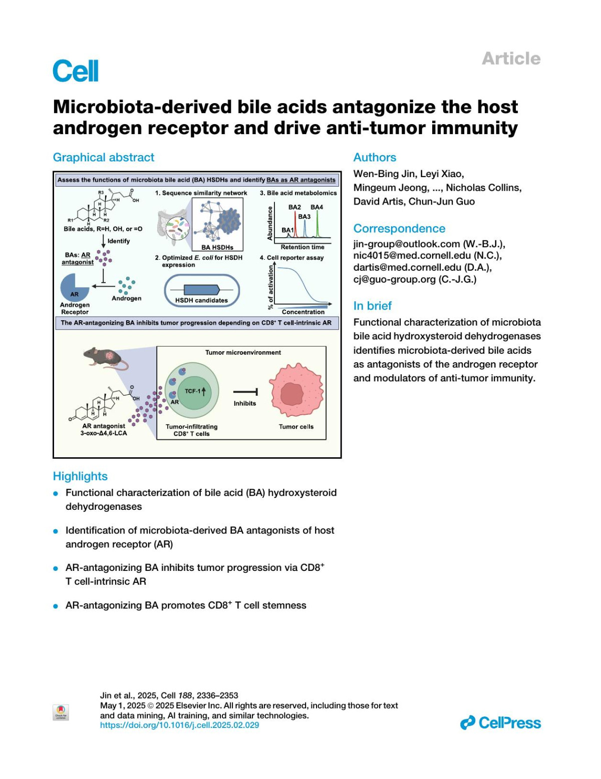 Microbiotaderived Bile Acids Antagonize The Host Androgen Receptor And Drive Antitumor Immunity Wenbing Jin Leyi Xiao Mingeum Jeong Seongji Han Wen Zhang Hiroshi Yano Huiqing Shi Mohammad Arifuzzaman Mengze Lyu Daoming Wang Yuelin Angelina Tang Shanshan Qiao Xiaoyu Yang He S Yang Jingyuan Fu Gregory F Sonnenberg