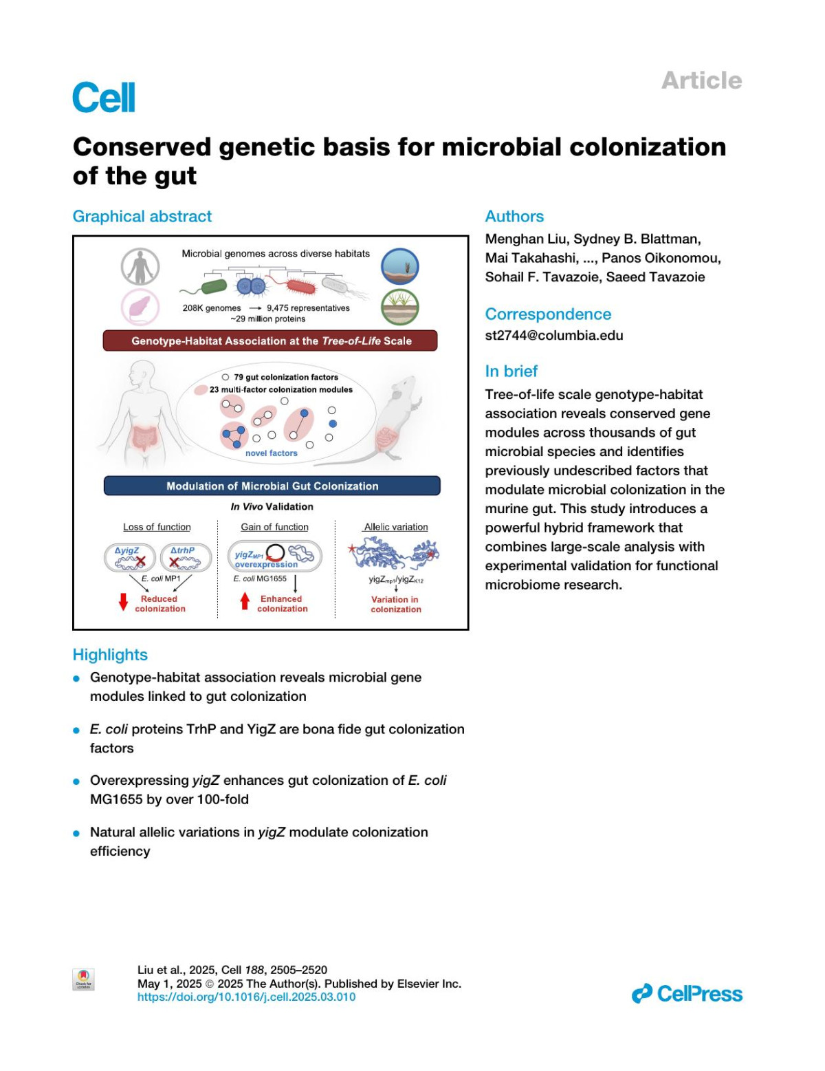 Conserved Genetic Basis For Microbial Colonization Of The Gut Menghan Liu Sydney B Blattman Mai Takahashi Nandan Mandayam Wenyan Jiang Panos Oikonomou Sohail F Tavazoie Saeed Tavazoie