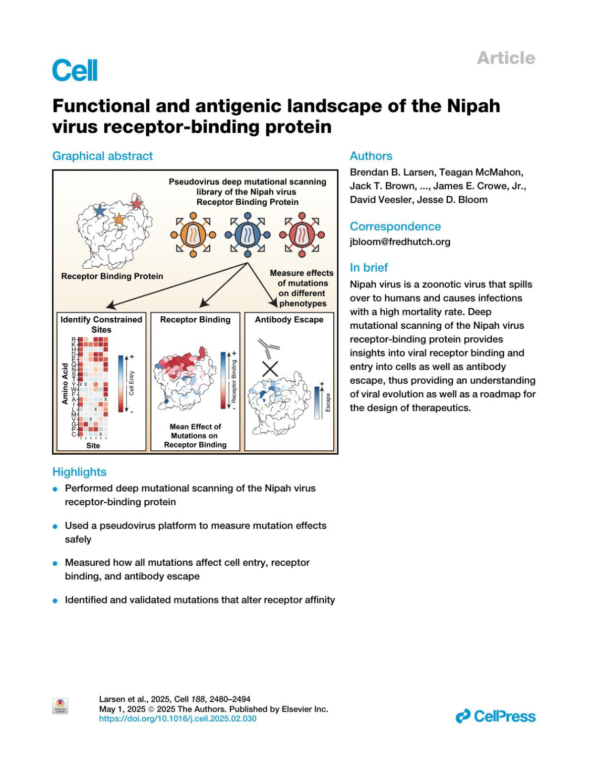 Functional And Antigenic Landscape Of The Nipah Virus Receptorbinding Protein Brendan B Larsen Teagan Mcmahon Jack T Brown Zhaoqian Wang Caelan E Radford James E Crowe Jr David Veesler Jesse D Bloom