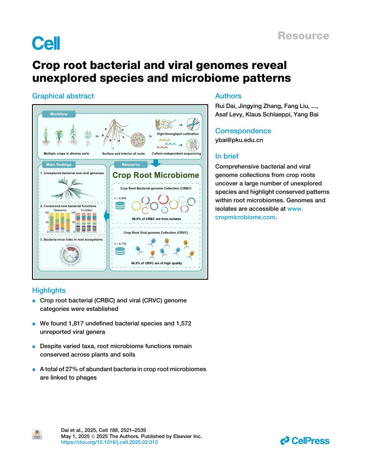 Crop Root Bacterial And Viral Genomes Reveal Unexplored Species And Microbiome Patterns Rui Dai Jingying Zhang Fang Liu Haoran Xu Jingmei Qian Shani Cheskis Weidong Liu Binglei Wang Honghui Zhu Lotte Ju Pronk Marnix H Medema Ronnie De Jonge Corné Mj Pieterse Asaf Levy Klaus Schlaeppi Yang Bai