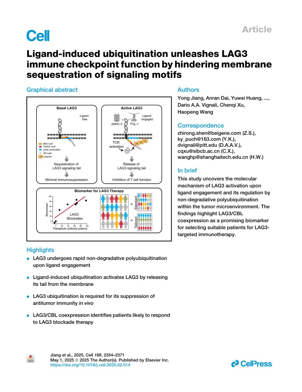 Ligandinduced Ubiquitination Unleashes Lag3 Immune Checkpoint Function By Hindering Membrane Sequestration Of Signaling Motifs Yong Jiang Anran Dai Yuwei Huang Hua Li Jian Cui Haochen Yang Lu Si Tao Jiao Zhengxu Ren Ziwei Zhang Si Mou Hengrui Zhu Wenhui Guo Qiang Huang Yilin Li Manman Xue Jingwei Jiang Fei Wang Li Li Qinying Zhong Kun