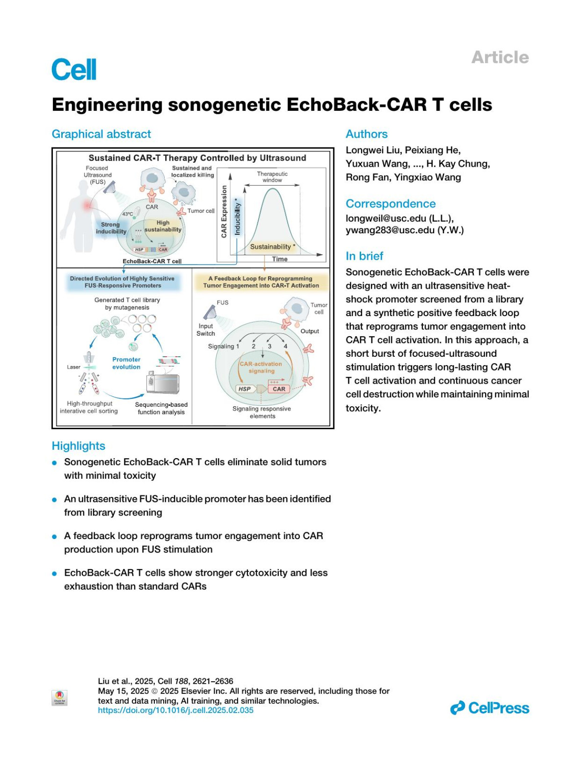 Engineering Sonogenetic Echobackcar Tnbspcells Longwei Liu Peixiang He Yuxuan Wang Fengyi Ma Dulei Li Zhiliang Bai Yunjia Qu Linshan Zhu Chi Woo Yoon Xi Yu Yixuan Huang Zhengyu Liang Yiming Zhang Kunshu Liu Tianze Guo Yushun Zeng Qifa Zhou H Kay Chung Rong Fan