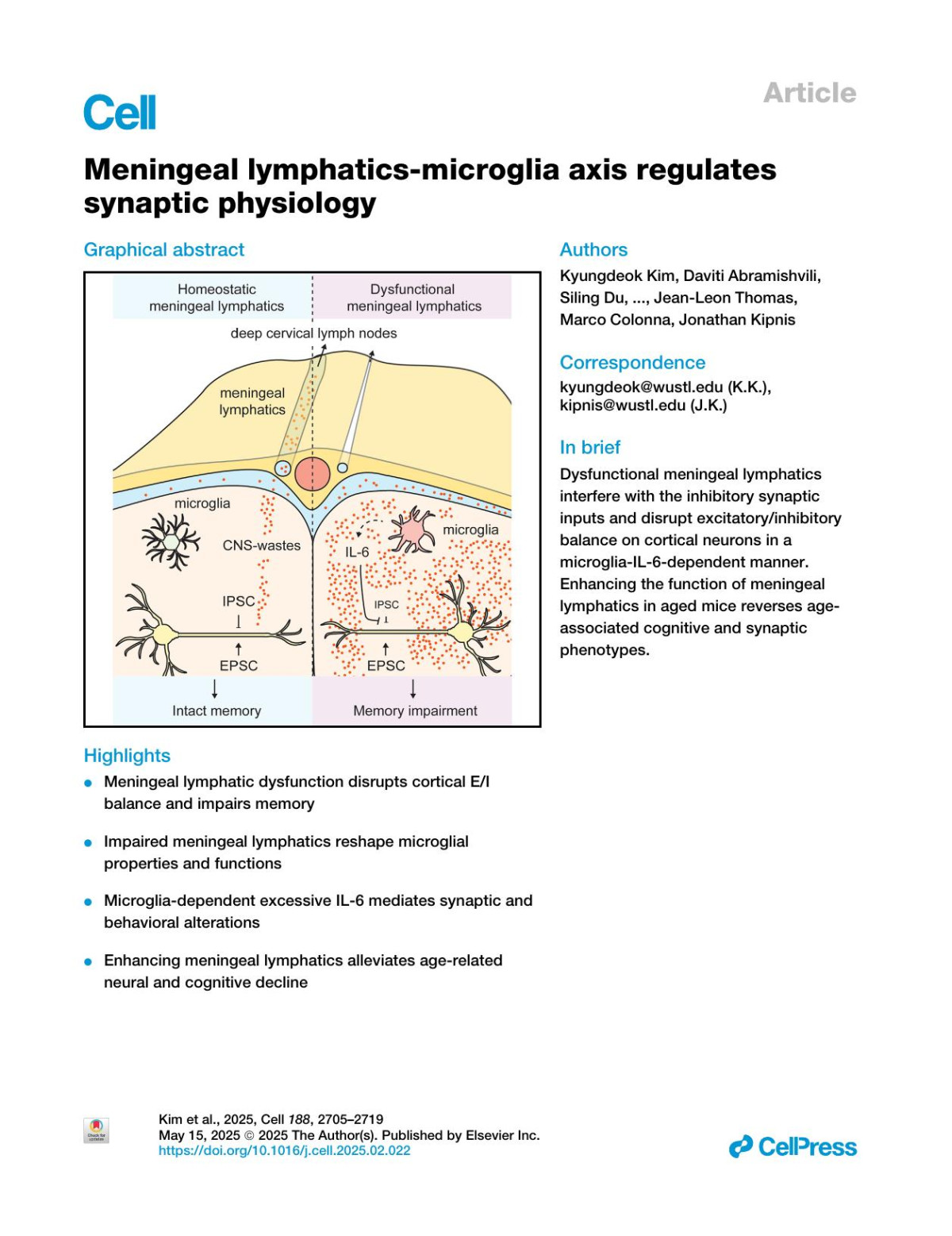 Meningeal Lymphaticsmicroglia Axis Regulates Synaptic Physiology Kyungdeok Kim Daviti Abramishvili Siling Du Zachary Papadopoulos Jay Cao Jasmin Herz Igor Smirnov Jeanleon Thomas Marco Colonna Jonathan Kipnis