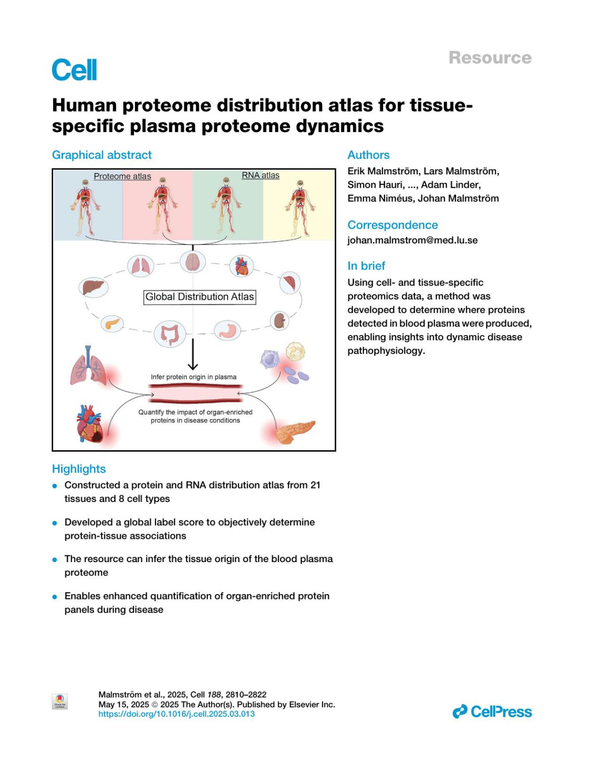 Human Proteome Distribution Atlas For Tissuespecific Plasma Proteome Dynamics Erik Malmström Lars Malmström Simon Hauri Tirthankar Mohanty Aaron Scott Christofer Karlsson Carlos Guetotettay Emma åhrman Shahab Nozohoor Bobby Tingstedt Sara Regner Peter Elfving Leif Bjermer Andreas Forsvall Alexander