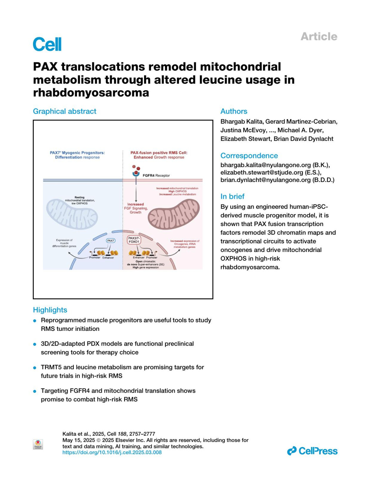 Pax Translocations Remodel Mitochondrial Metabolism Through Altered Leucine Usage In Rhabdomyosarcoma Bhargab Kalita Gerard Martinezcebrian Justina Mcevoy Melody Allensworth Michelle Knight Alessandro Magli Rita Cr Perlingeiro Michael A Dyer Elizabeth Stewart Brian David Dynlacht