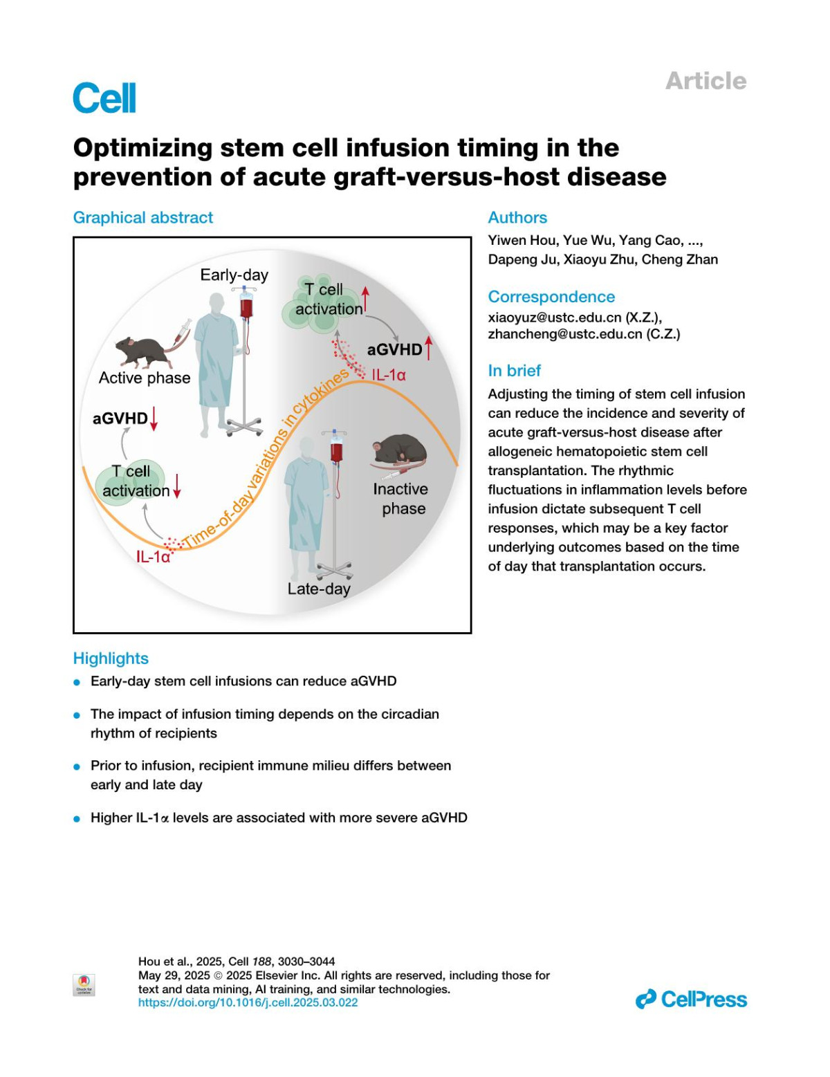Optimizing Stem Cell Infusion Timing In The Prevention Of Acute Graftversushost Disease Yiwen Hou Yue Wu Yang Cao Xiaoxia Hu Yuqian Sun Hongmei Wang Liang Wang Jialin Zhou Zhonglin Zhang Zhiwei Liu Baolin Tang Kaidi Song Guangyu Sun Wen Gao Tianqi Zheng Ping Wu Weiwei Wu Dapeng Ju Xiaoyu Zhu Cheng Zhan