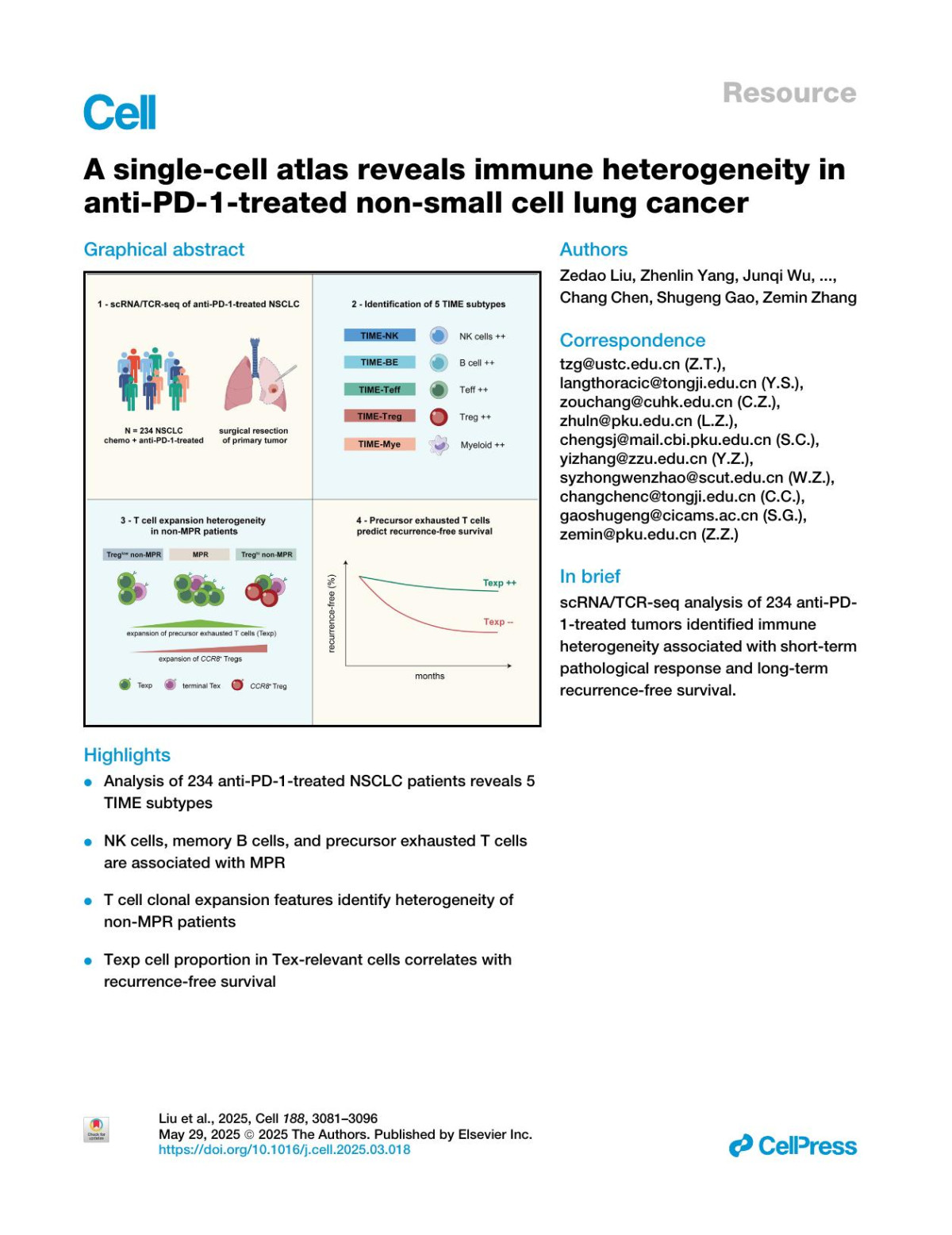 A Singlecell Atlas Reveals Immune Heterogeneity In Antipd1treated Nonsmall Cell Lung Cancer Zedao Liu Zhenlin Yang Junqi Wu Wenjie Zhang Yuxuan Sun Chao Zhang Guangyu Bai Li Yang Hongtao Fan Yawen Chen Lei Zhang Benyuan Jiang Xiaoyan Liu Xiaoshi Ma Wei Tang Chang Liu Yang Qu Lixu Yan Deping Zhao Yilong Wu