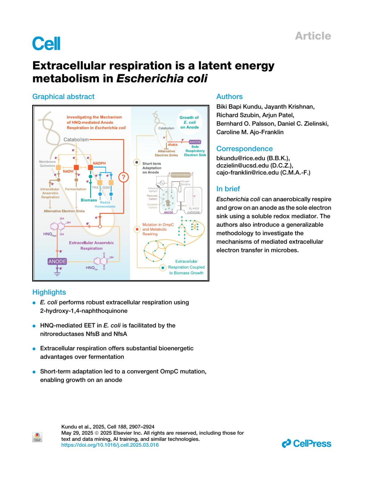 Extracellular Respiration Is A Latent Energy Metabolism In Escherichia Coli Biki Bapi Kundu Jayanth Krishnan Richard Szubin Arjun Patel Bernhard O Palsson Daniel C Zielinski Caroline M Ajofranklin