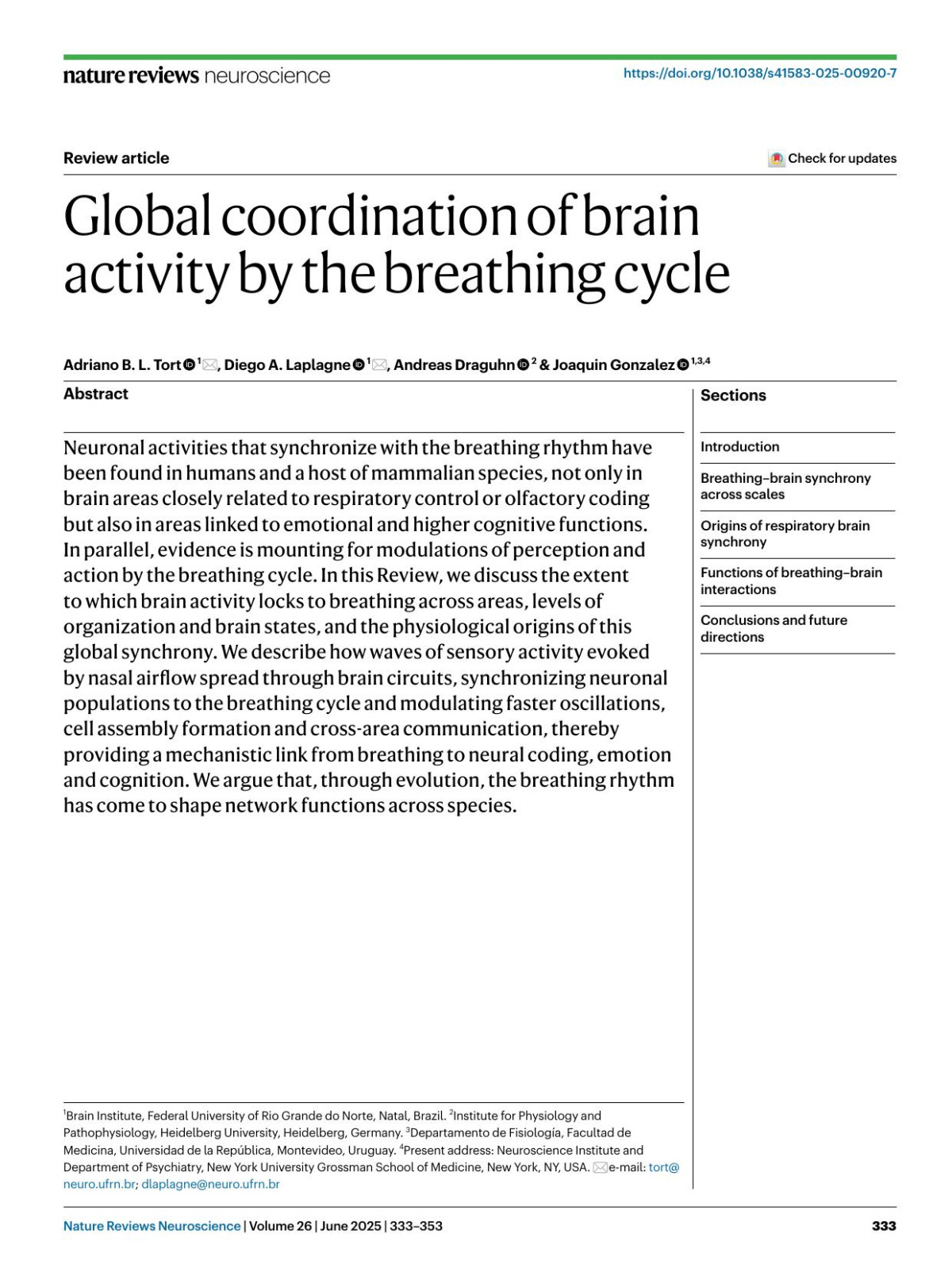 Global Coordination Of Brain Activity By The Breathing Cycle Adriano B L Tort Diego A Laplagne Andreas Draguhn Joaquin Gonzalez