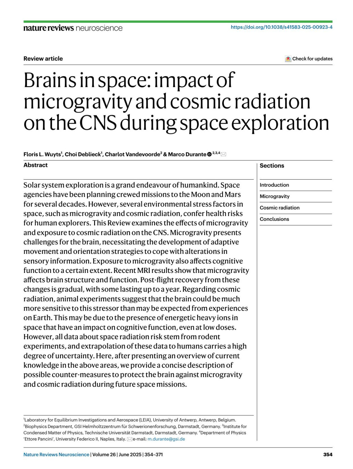 Brains In Space Impact Of Microgravity And Cosmic Radiation On The Cns During Space Exploration Floris L Wuyts Choi Deblieck Charlot Vandevoorde Marco Durante