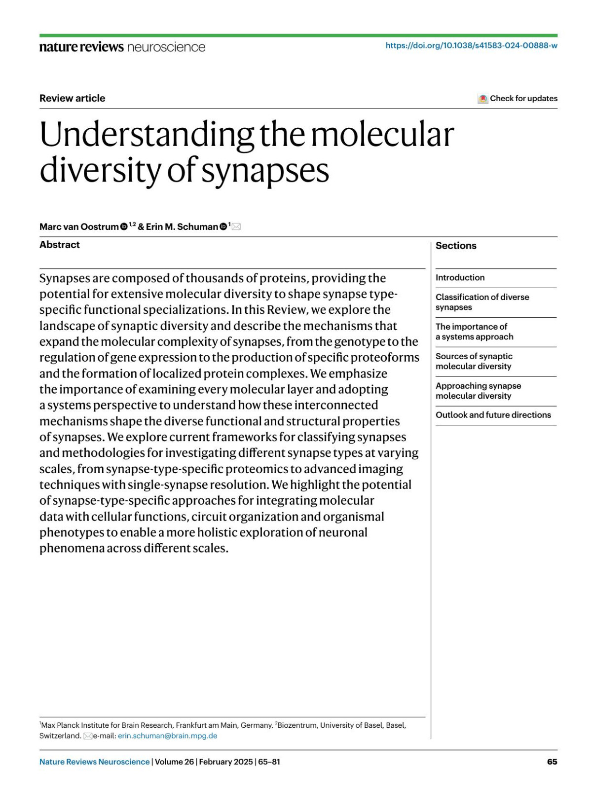 Understanding The Molecular Diversity Of Synapses Marc Oostrum Erin M Schuman