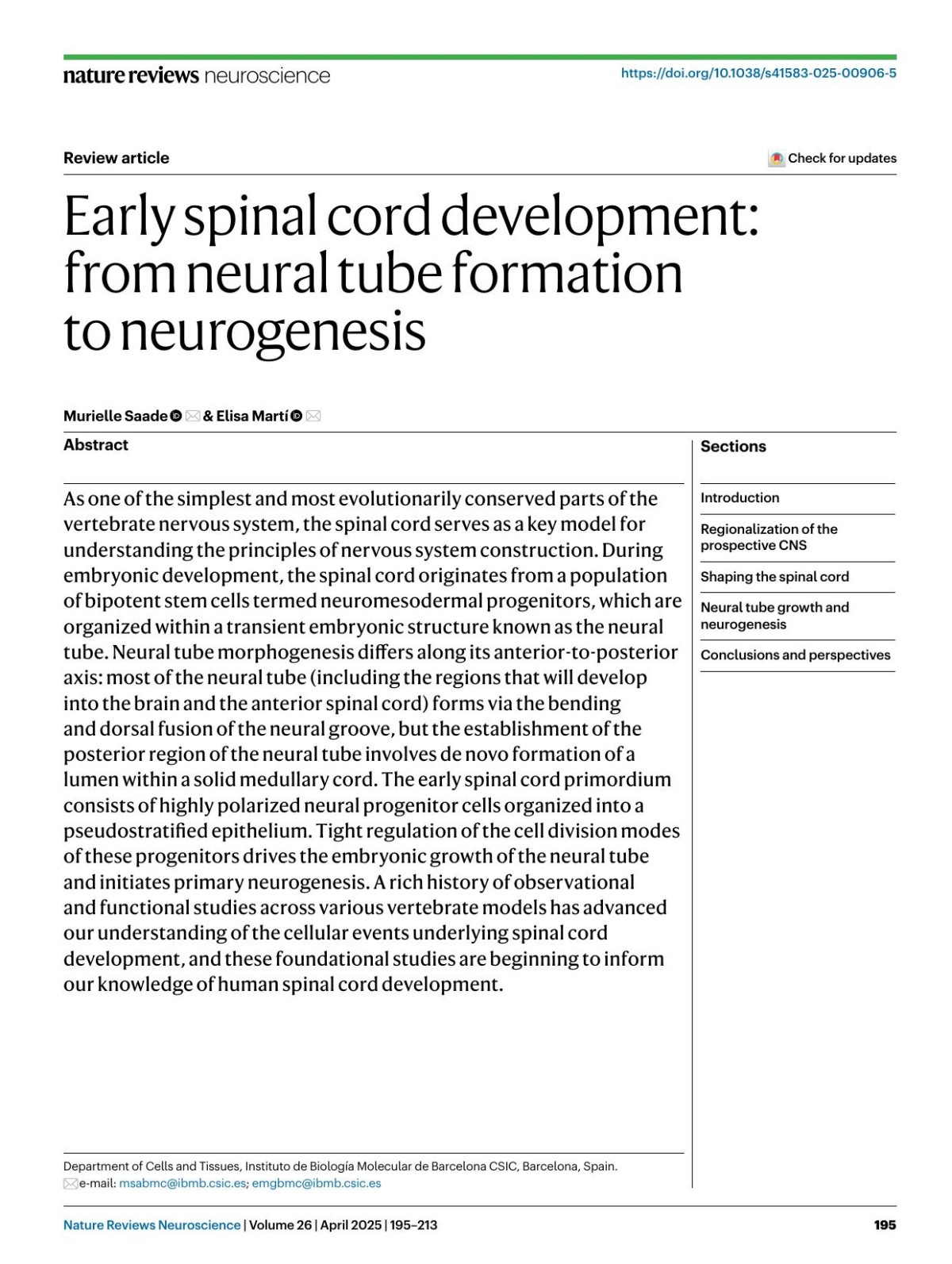 Early Spinal Cord Development From Neural Tube Formation To Neurogenesis Murielle Saade Elisa Martí
