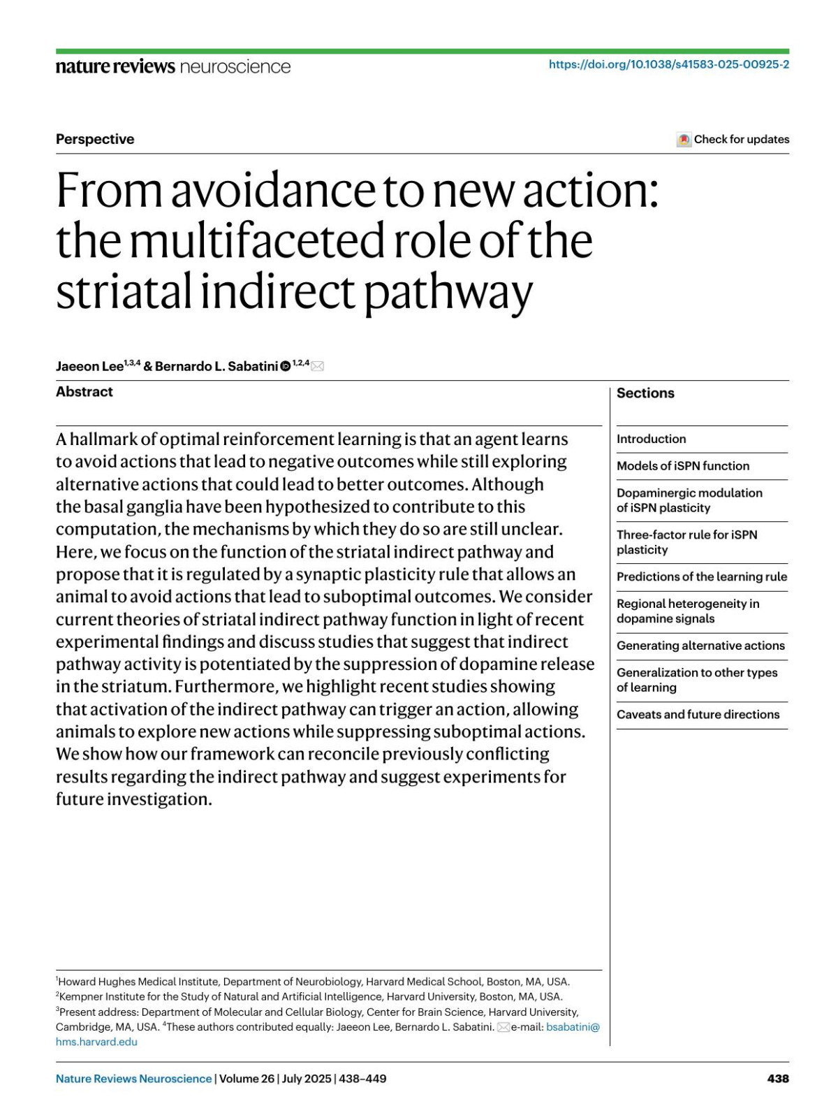 From Avoidance To New Action The Multifaceted Role Of The Striatal Indirect Pathway Jaeeon Lee Bernardo L Sabatini