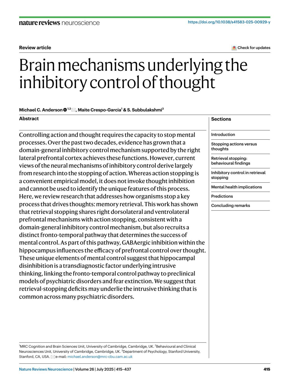 Brain Mechanisms Underlying The Inhibitory Control Of Thought Michael C Anderson Maite Crespogarcia S Subbulakshmi