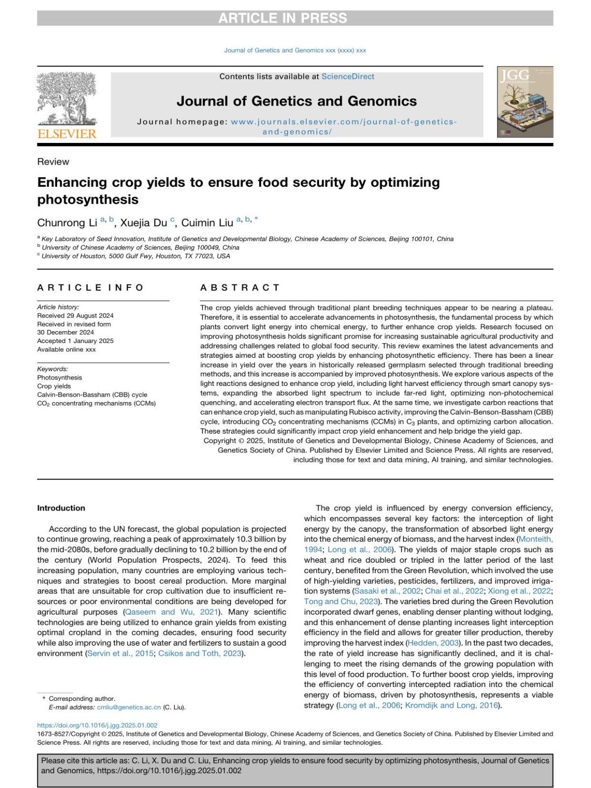 Enhancing Crop Yields To Ensure Food Security By Optimizing Photosynthesis Chunrong Li Xuejia Du Cuimin Liu