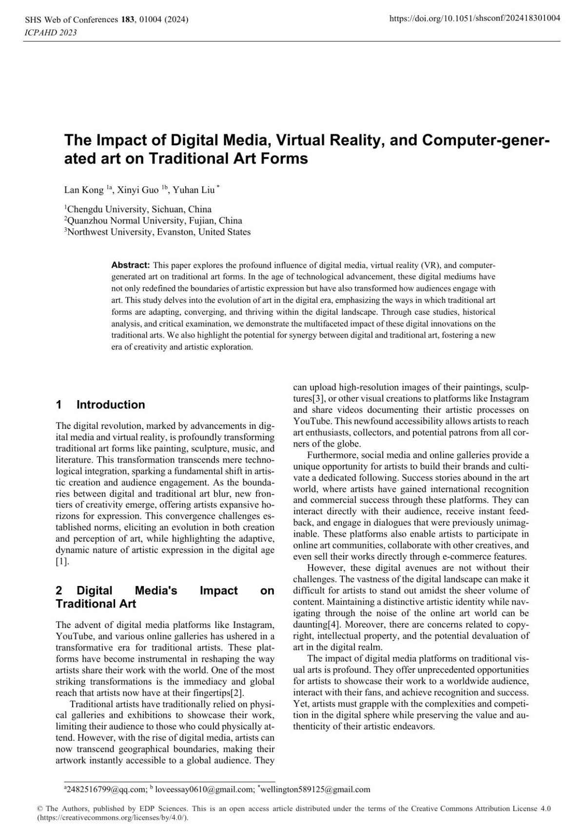 The Impact Of Digital Media Virtual Reality And Computergenerated Art On Traditional Art Forms Kong Lan