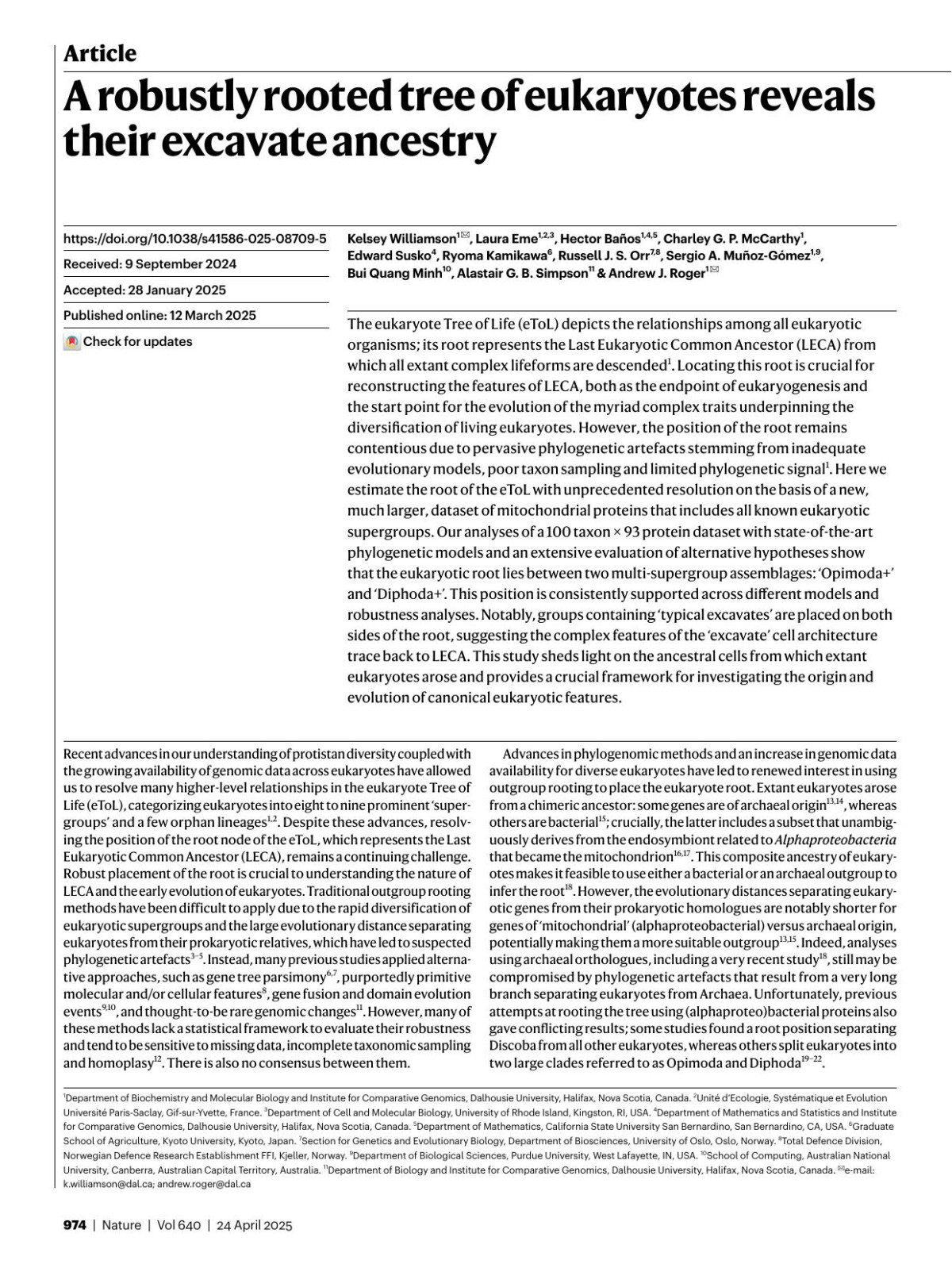 A Robustly Rooted Tree Of Eukaryotes Reveals Their Excavate Ancestry Kelsey Williamson Laura Eme Hector Baños Charley G P Mccarthy Edward Susko Ryoma Kamikawa Russell J S Orr Sergio A Muñozgómez Bui Quang Minh Alastair G B Simpson Andrew J Roger