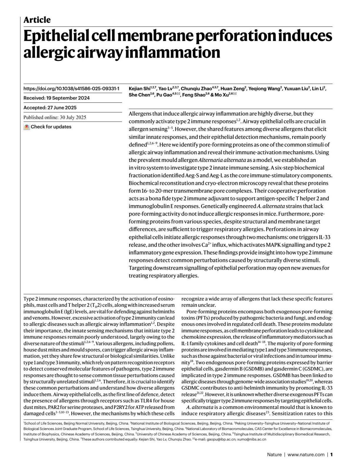Epithelial Cell Membrane Perforation Induces Allergic Airway Inflammation Kejian Shi Yao Lv Chunqiu Zhao Huan Zeng Yeqiong Wang Yuxuan Liu Lin Li She Chen Pu Gao Feng Shao Mo Xu