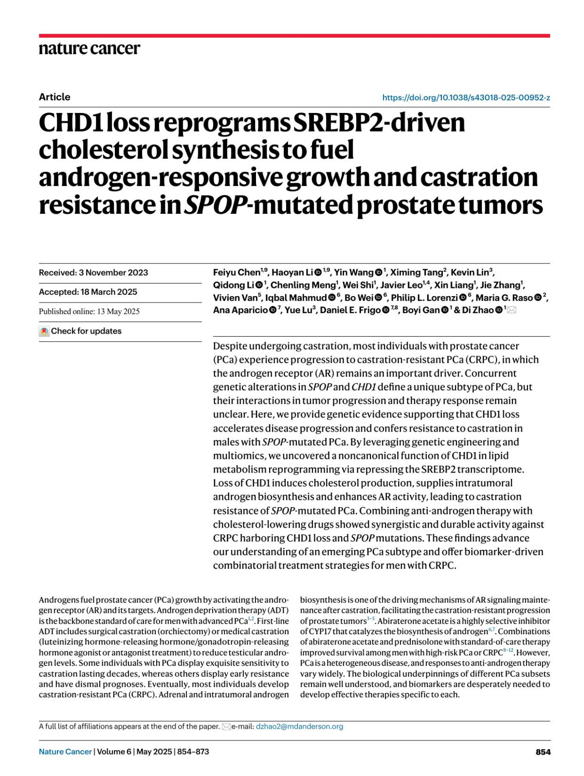 Chd1 Loss Reprograms Srebp2driven Cholesterol Synthesis To Fuel Androgenresponsive Growth And Castration Resistance In Spopmutated Prostate Tumors Feiyu Chen Haoyan Li Yin Wang Ximing Tang Kevin Lin Qidong Li Chenling Meng Wei Shi Javier Leo Xin Liang Jie Zhang Vivien Van Iqbal Mahmud Bo Wei Philip L Lorenzi Maria G Raso Ana Aparicio Yue Lu Daniel E Frigo