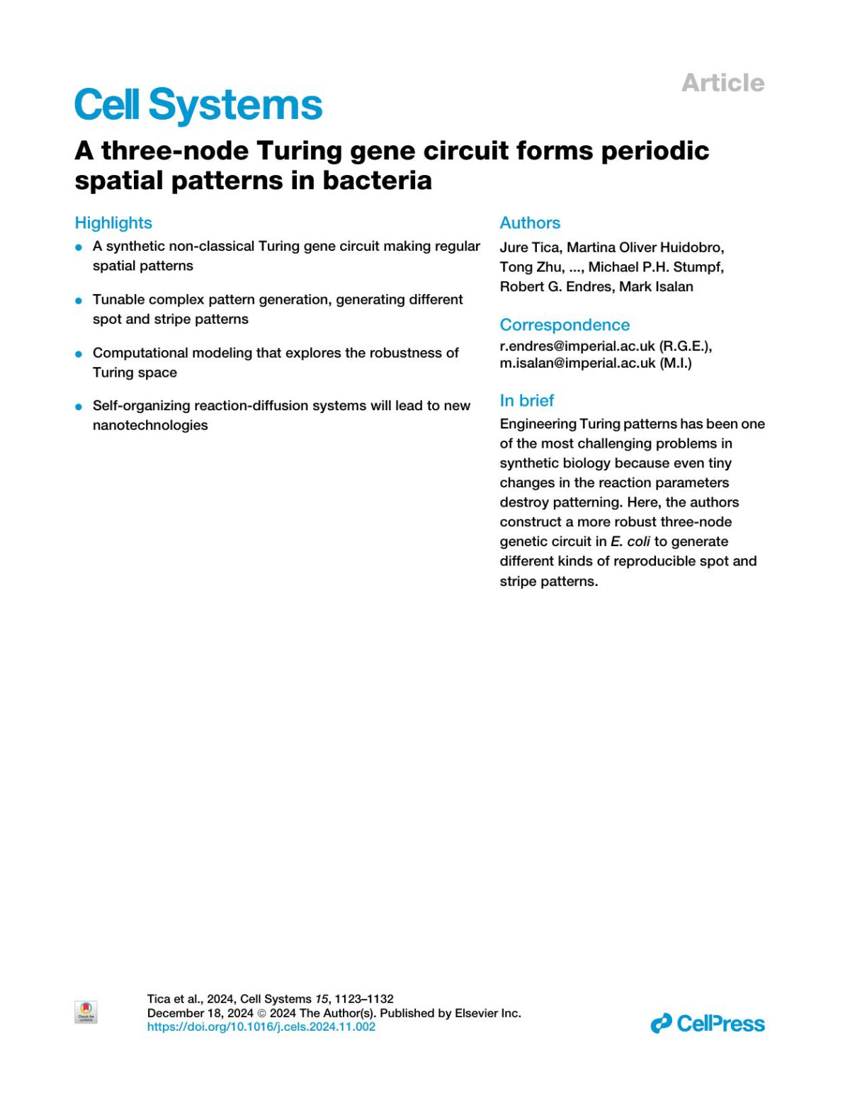 A Threenode Turing Gene Circuit Forms Periodic Spatial Patterns In Bacteria Jure Tica Martina Oliver Huidobro Tong Zhu Georg Ka Wachter Roozbeh H Pazuki Dario G Bazzoli Natalie S Scholes Elisa Tonello Heike Siebert Michael Ph Stumpf Robert G Endres Mark Isalan