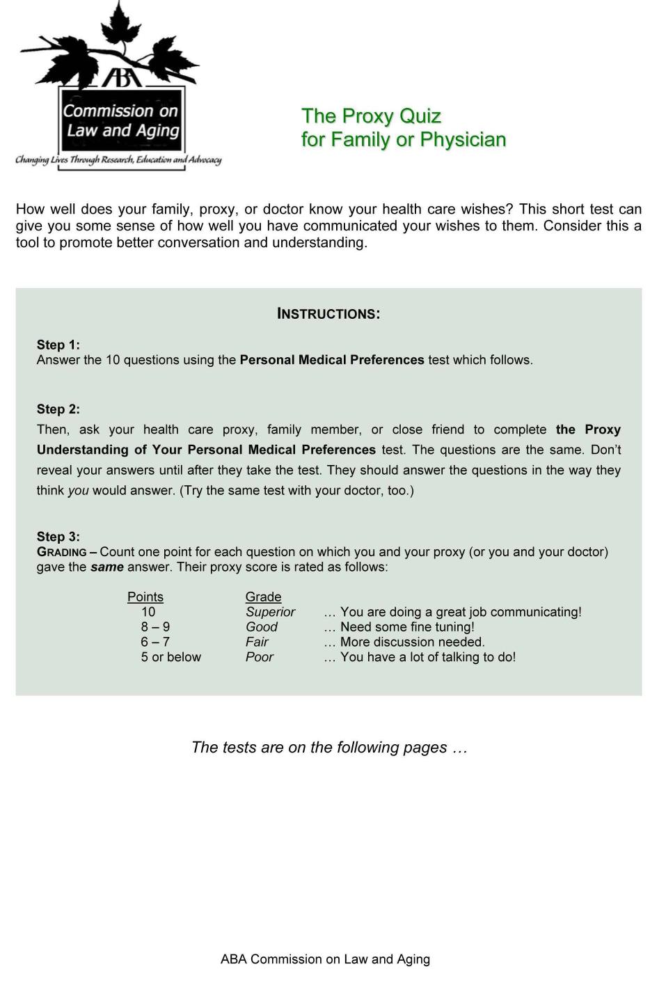 The Proxy Quiz For Family Or Physician Aba Commission On Law Aging
