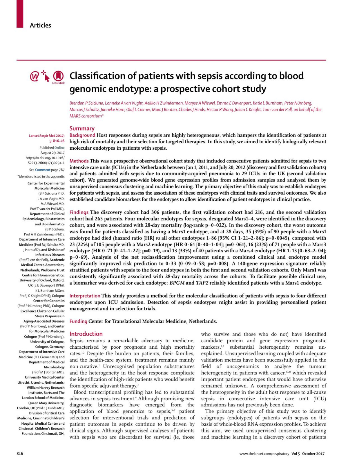 Classification Of Patients With Sepsis According To Blood Genomic Endotype A Prospective Cohort Study Dr Brendon P Scicluna Phd Lonneke A Van Vught Md Prof Aeilko H Zwinderman Phd Maryse A Wiewel Md Emma E Davenport Dphil Katie L Burnham Mgen Prof Peter Nã14rnberg Phd Prof Marcus J Schultz Md Janneke Horn Md Olaf L Cremer Md Prof