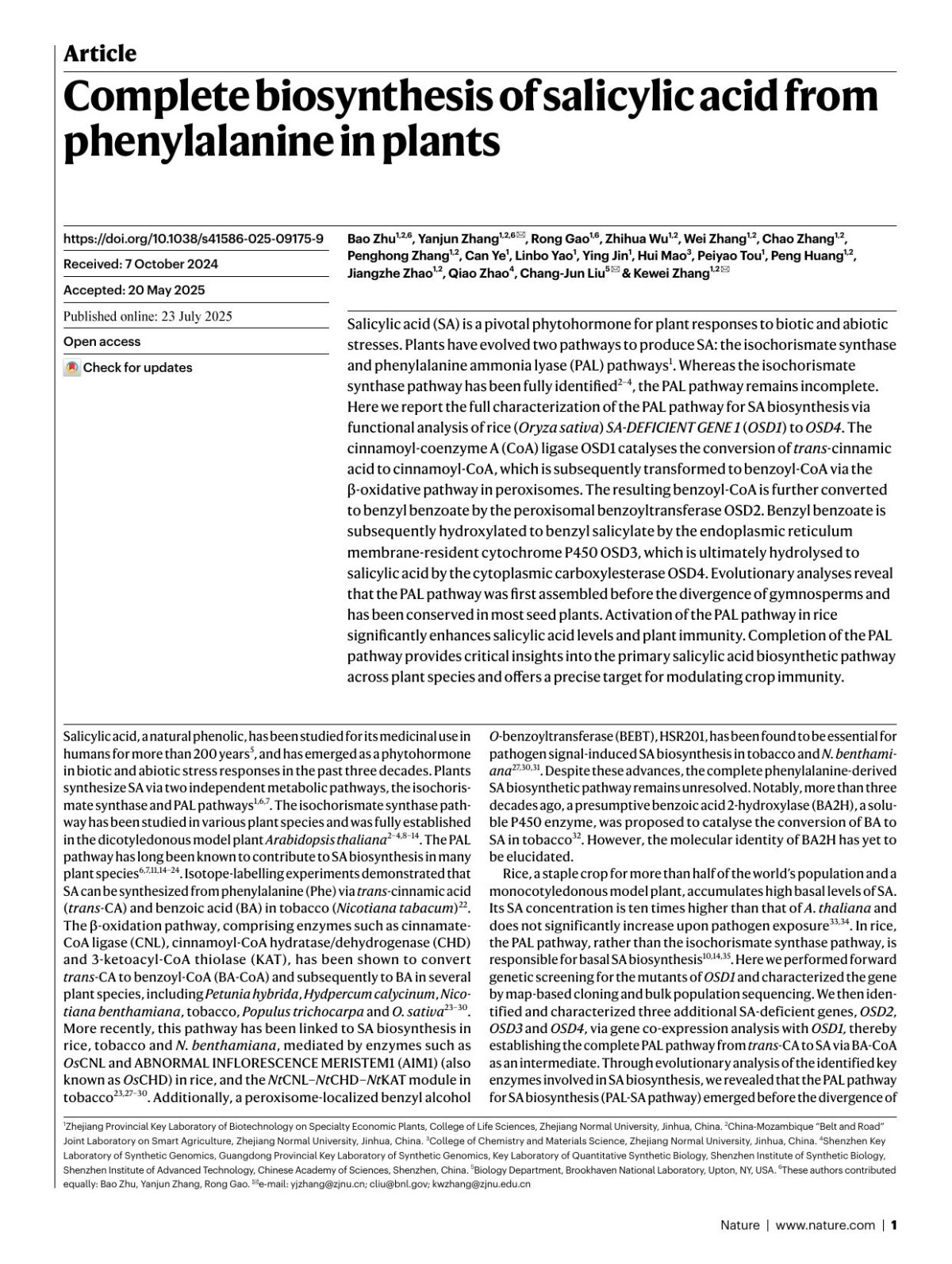 Complete Biosynthesis Of Salicylic Acid From Phenylalanine In Plants Bao Zhu Yanjun Zhang Rong Gao Zhihua Wu Wei Zhang Chao Zhang Penghong Zhang Can Ye Linbo Yao Ying Jin Hui Mao Peiyao Tou Peng Huang Jiangzhe Zhao Qiao Zhao Changjun Liu Kewei Zhang