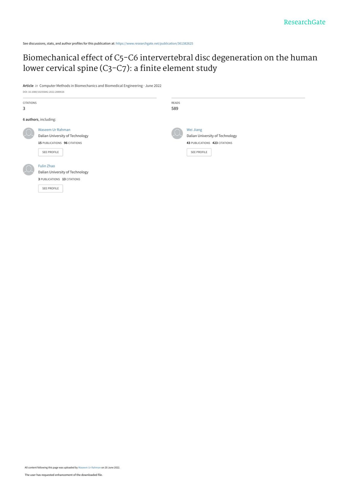 Biomechanical Effect Of C5c6 Intervertebral Disc Degeneration On The Human Lower Cervical Spine C3c7 A Finite Element Study Rahman Waseem Ur Jiang Wei Zhao Fulin Li Zhijun Wang Guohua Yang Guanghui