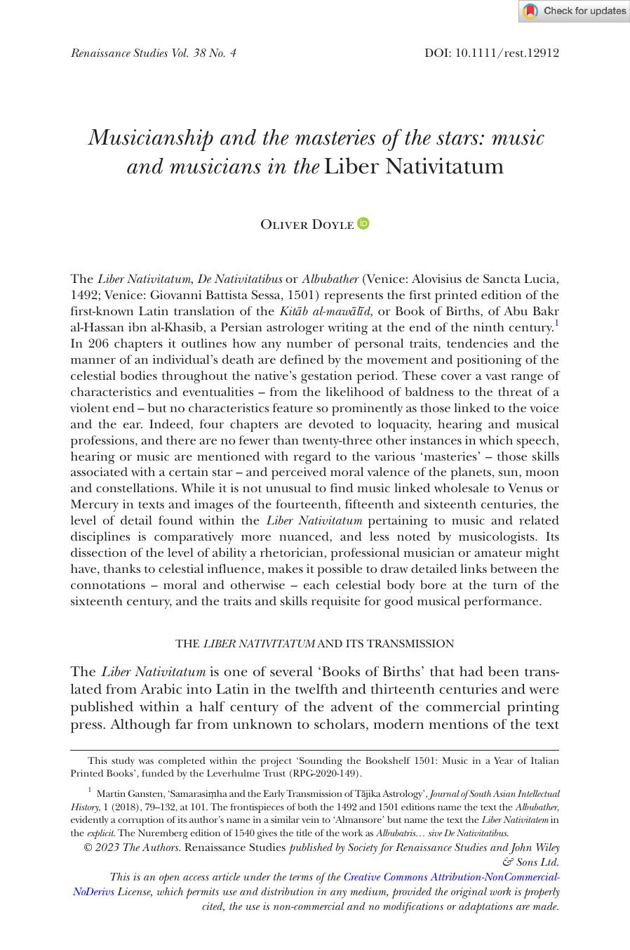 Musicianship And The Masteries Of The Stars Music And Musicians In The Liber Nativitatum Oliver Doyle