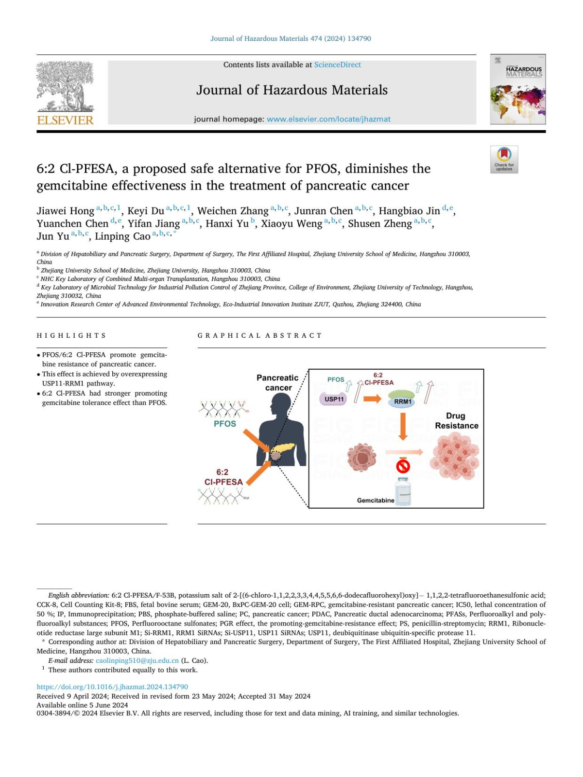 62 Clpfesa A Proposed Safe Alternative For Pfos Diminishes The Gemcitabine Effectiveness In The Treatment Of Pancreatic Cancer Jiawei Hong