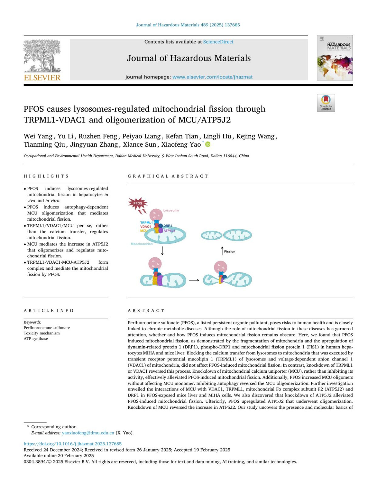 Pfos Causes Lysosomesregulated Mitochondrial Fission Through Trpml1vdac1 And Oligomerization Of Mcuatp5j2 Wei Yang