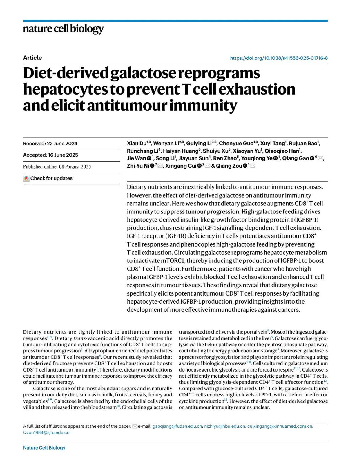 Dietderived Galactose Reprograms Hepatocytes To Prevent T Cell Exhaustion And Elicit Antitumour Immunity Xian Du Wenyan Li Guiying Li Chenyue Guo Xuyi Tang Rujuan Bao Runchang Li Haiyan Huang Shuiyu Xu Xiaoyan Yu Qiaoqiao Han Jie Wan Song Li Jiayuan Sun Ren Zhao Youqiong Ye Qiang Gao Zhiyu Ni Xingang Cui Qiang Zou