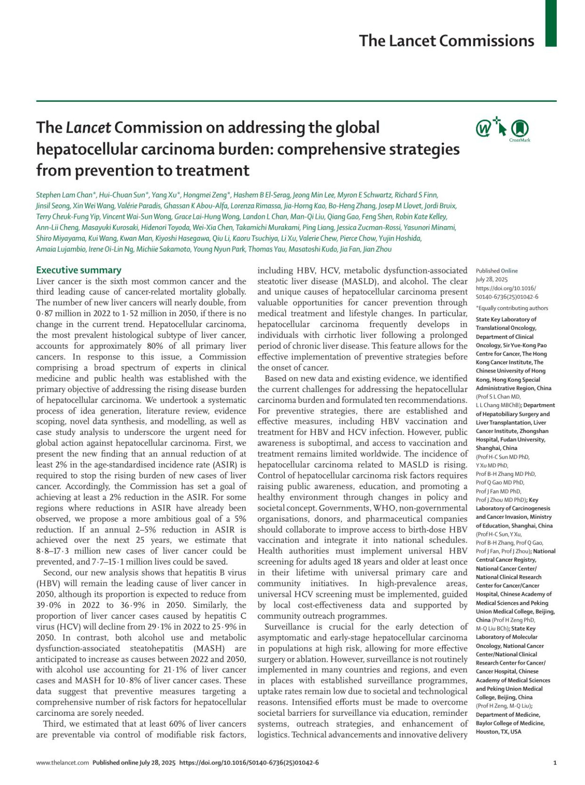The Lancet Commission On Addressing The Global Hepatocellular Carcinoma Burden Comprehensive Strategies From Prevention To Treatment Prof Stephen Lam Chan Md Prof Huichuan Sun Md Phd Yang Xu Md Phd Prof Hongmei Zeng Phd Prof Hashem B Elserag Md Mph Prof Jeong Min Lee Md Phd Prof Myron E Schwartz Md Prof Richard S Finn Md Prof Jinsil Seong Md Phd Prof Xin Wei Wang