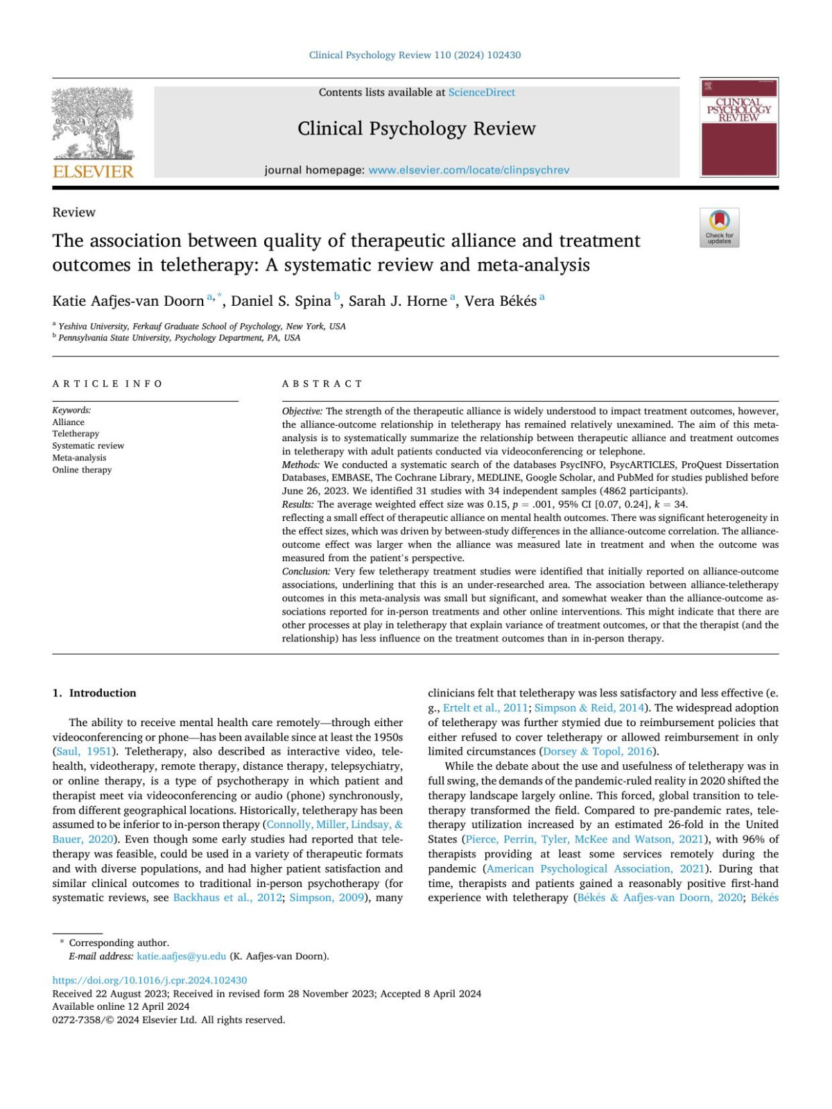 The Association Between Quality Of Therapeutic Alliance And Treatment Outcomes In Teletherapy A Systematic Review And Metaanalysis Katie Aafjesvan Doorn