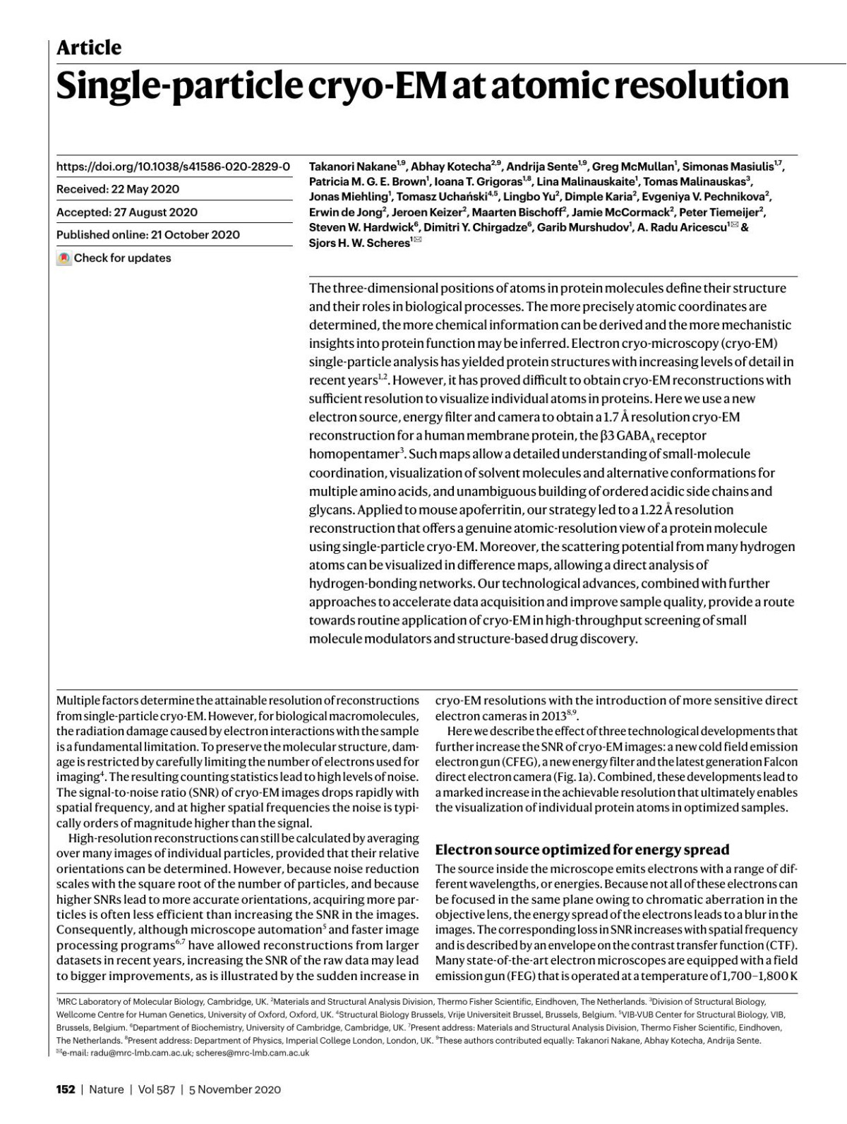 Singleparticle Cryoem At Atomic Resolution Takanori Nakane Abhay Kotecha Andrija Sente Greg Mcmullan Simonas Masiulis Patricia M G E Brown Ioana T Grigoras Lina Malinauskaite Tomas Malinauskas Jonas Miehling Tomasz Uchański Lingbo Yu Dimple Karia Evgeniya V