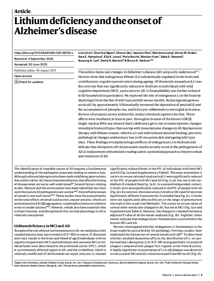Lithium Deficiency And The Onset Of Alzheimers Disease Liviu Aron Zhen Kai Ngian Chenxi Qiu Jaejoon Choi Marianna Liang Derek M Drake Sara E Hamplova Ella K Lacey Perle Roche Monlan Yuan Saba S Hazaveh Eunjung A Lee David A Bennett Bruce A Yankner