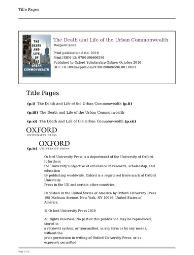 The Death And Life Of The Urban Commonwealth 1st Edition Margaret Kohn