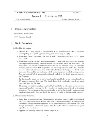 Algorithms For Big Data Lecture Notes Harvard Cs229r Itebooks